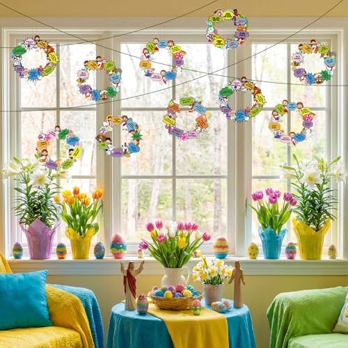 Hollowfly 48 Sets Christian Easter Wreath Craft Kit for Sunday School