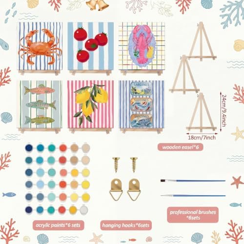 YooNotee 6 Pack Paint by Numbers Kit, 8x8 DIY Canvas with Easel Fish
