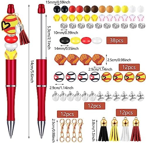 Jutom 12 Pcs Sports Beadable Pens Plastic Baseball Bead Pens Included 50 Pcs Colorful Beads 12 Tassels 12 Pendants Assorted Colors Bead for Gifts School Office DIY Making Kit Supplies