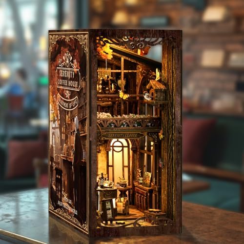 Book Nook Serenity Coffee House 3D Wooden DIY Miniature Kit with LED Lighting - Vintage Bookshelf Decor for Adults