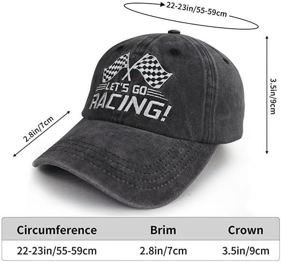 Let's Go Racing Hat for Men Women, Adjustable Embroidered Washed Cotton Checkered Flags Race Car Baseball Cap