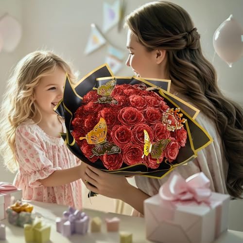 CCYXSHOW 36 Pack DIY Glitter Roses Bouquet Artificial Rose with Stems Red