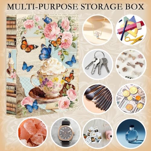 Faux Book Storage Box Floral 9.1 x 5.9 x 2 Inch Vintage Faux Book Boxes Butterfly Flower Teacup Decorative Storage Organizers for Jewelry Trinket Wedding Keepsake Photos Bookshelf Decor