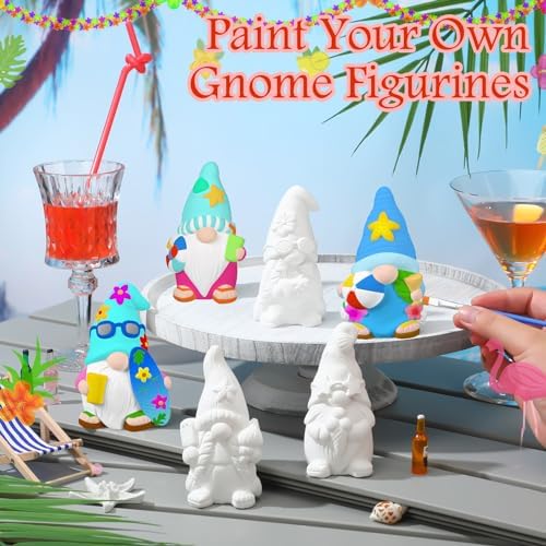 CroBlissful 6 Sets Ceramic Gnome Painting Kit Summer Unpainted Figurines