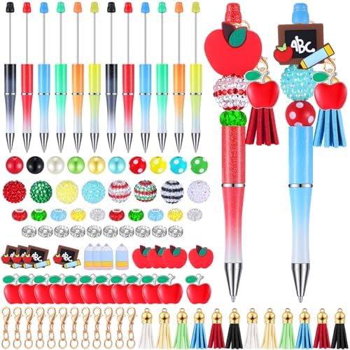 Jutom 12 Pcs Teacher Beadable Pens with 50 Colorful Beads 12 Tassels 12 Pendants Silicone Focal Bead for DIY Making Kit Pens Back to School End of The Year Office Teacher Christmas Appreciation Gift