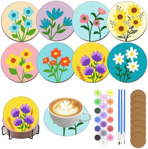 8 Pack Floral Paint by Numbers Kits Coasters with Holder Cork Pads