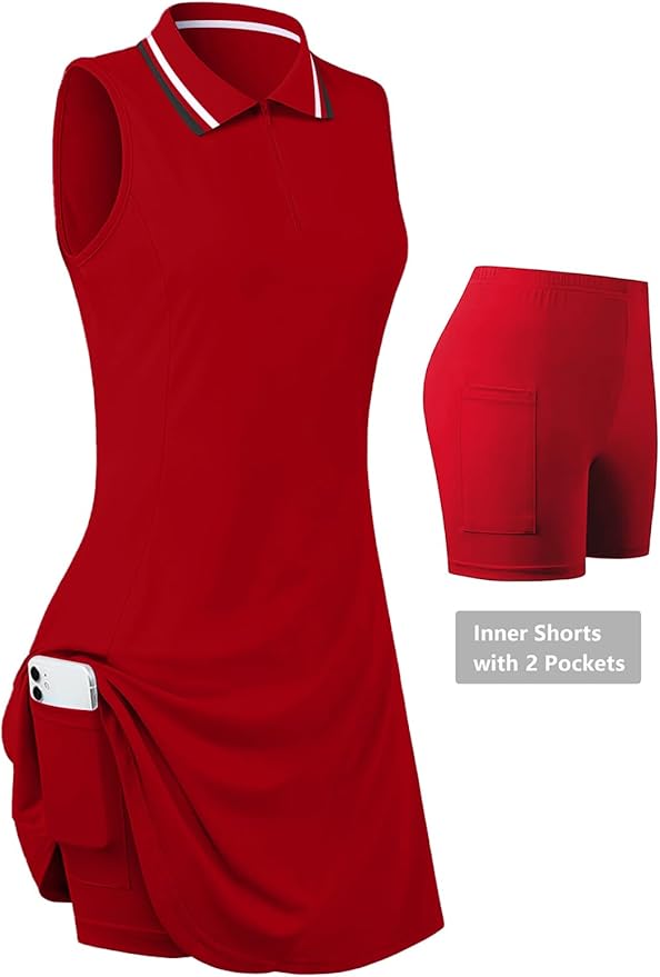 Womens Sleeveless Golf Tennis Dresses with Inner Shorts＆Pockets for Workout Exercise