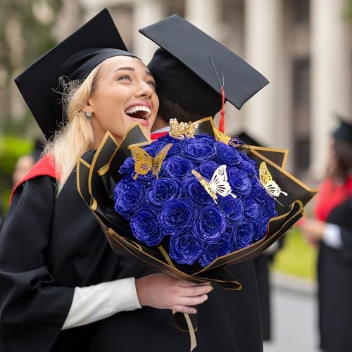 Blue Glitter Rose Bouquets, Fake Roses Bouquet 16 Pcs DIY Glitter Rose Bouquet Kits Birthday Gifts for Women Mom Mother's Day Anniversary Graduation