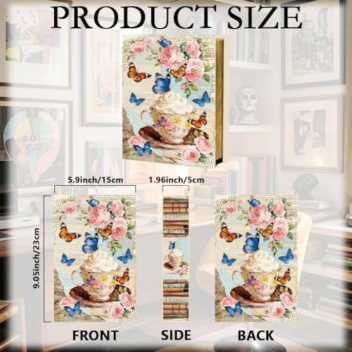Faux Book Storage Box Floral 9.1 x 5.9 x 2 Inch Vintage Faux Book Boxes Butterfly Flower Teacup Decorative Storage Organizers for Jewelry Trinket Wedding Keepsake Photos Bookshelf Decor