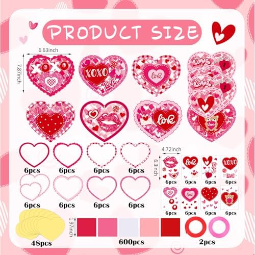 DoubleFill 48 Pcs Valentine's Day Heart Suncatchers Craft Kits DIY Heart Stained Glass Effect Tissue Paper Kits Bulk for Valentine Window Decor Ornament Party Art Favors