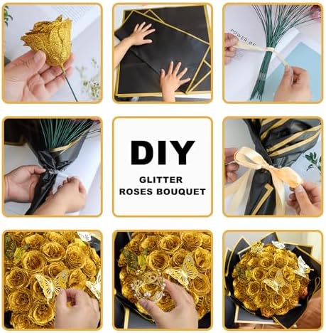 CCYXSHOW DIY Artificial Roses Bouquet 36 Pack - Gold Fake Shiny Roses Flowers with Stems Eternal Floral Gifts for Elegance Wedding Bouquet Anniversary Birthday Graduations Valentine's Day