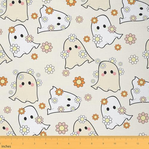 Jejeloiu Happy Halloween Fabric by The Yard Kawaii Ghost Printed Upholstery Fabric Yellow Ghost Floral Waterproof Indoor Outdoor Decor for DIY Sewing Craft Projects 3 Yards