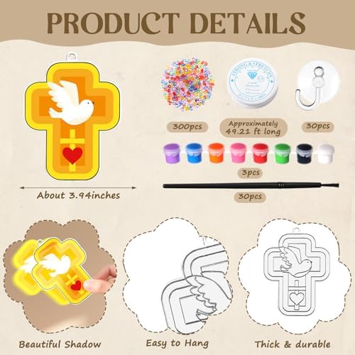 Dunzoom 30 Set Christian Cross Craft Kit - DIY Sun Catchers for Sunday School, Church, Home Decor, Stained Glass Style Cross Decorations, Religious Craft Supplies