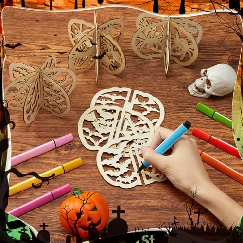 Yalikop 72 Pcs Halloween Kids Wood Crafts, 4.7 x 4 in, Bats and Spiders