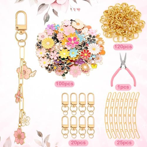 Tondiamo 266 Pcs Flower Keychain Making Kit Gold DIY Keychain Craft Gift