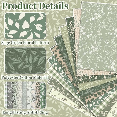 Hahafelt 10 Pcs 18"x22" Sage Green Fat Quarters Quliting Fabric Bundle