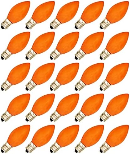 Creative Hobbies® Box of 25 Light Bulbs, Ceramic Opaque Orange, Steady Burning, 7 Watt Incandescent, C7 Candelabra Base - Great for Christmas Strings and Halloween