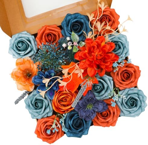 Floweroyal Artificial Flowers Combo Orange Flowers Mix Silk Flowers Dahlia Roses with Stems for DIY Wedding Bridal Bouquets, Baby Shower, Floral Arrangement, Table Centerpieces, Home Decorations.