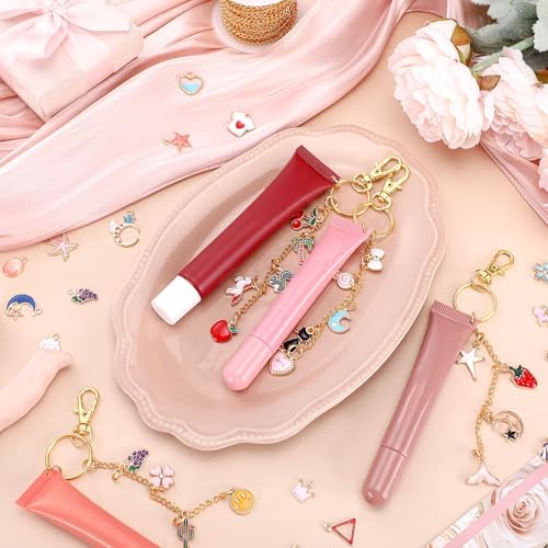 VioraWhite 213 Pcs Keychain Making Kit Bag Charm Kit Stylish Lip Gloss Keychain Making 100 Pink Enamel Charms 32.81 ft Gold Chains for DIY Crafts Women