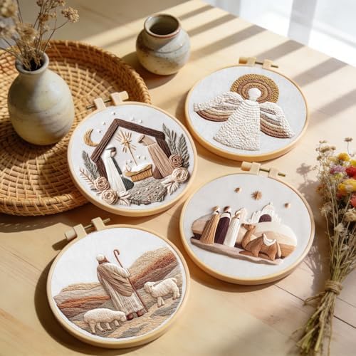 Santune Christian Embroidery kit,Nativity Scene Needlepoint Cross Stitch Kits for Beginners Adult,Needle Point Sets,4 Embroidery,2 Hoops,Christmas Ornaments