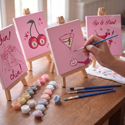 YooNotee 6 Pack Paint by Numbers Kit for Adults Sip and Paint Party 8x8 Inch Canvas with Acrylic Paints Brushes & Easels, Cocktail Wine Cake Floral Themed Painting Set for Girls Night