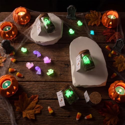 Skylety 30 Sets Halloween Ghost in a Mason Jar with Moss and Card Glow in the Dark Adopt a Ghost Figurine Luminous Creepy Crafts Spooky Crafts for Halloween Horror Decorations DIY Party Gifts