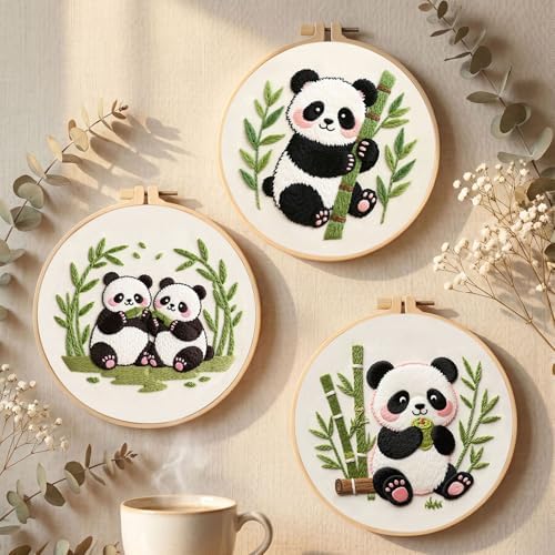 Santune Beginners Embroidery Kit for Adult Needlepoint Cross Stitch Kits Needle Point Sets with Panda Embroidery Patterns, Includes Step-By-Step Instructions and Accessories