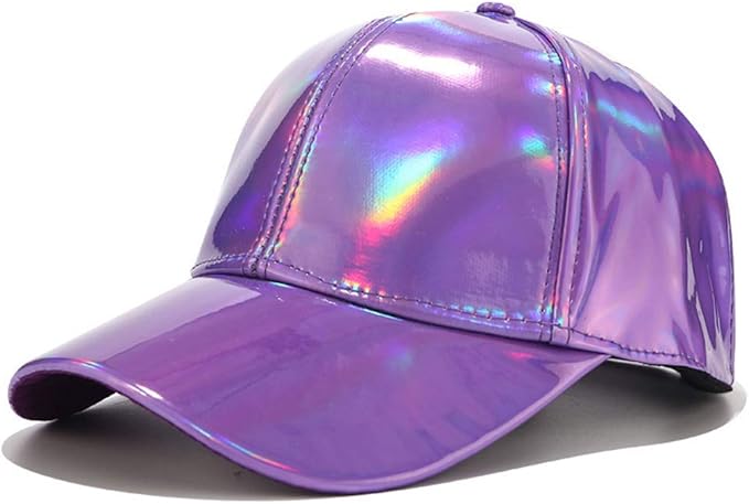 Women Men Faux Leather Baseball Cap Glitter Metallic Holographic Rainbow Reflective Hip Hop Adjustable Strapback Peaked Hat Silver