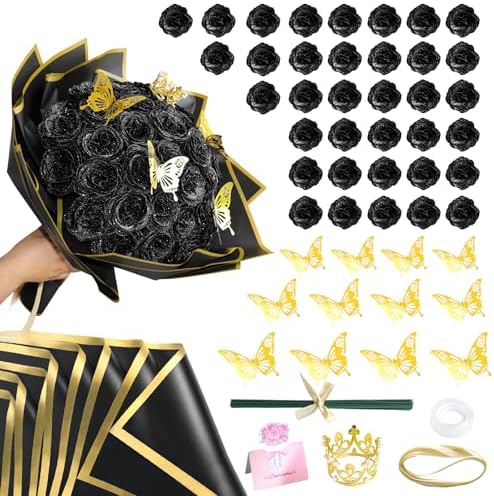 CCYXSHOW DIY Glitter Roses Bouquet Black 36 Fake Rose Glitter Bouquet Artificial Eternal Floral Bouquets for Halloween Elegance Wedding Bouquets Anniversary Birthday Graduation Gifts