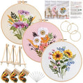 Qupace 3 Pcs Flowers Plants Embroidery Kits for Beginners Adults,Cross Stitch Sewing Craft Set, 3 Embroidery Hoops,3 Finished Stands, Floral Needlework Kit