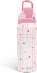 Heart Insulated Stainless Steel Water Bottle with Straw for Sports and Travel, 32oz, Gifts for Women Girls Friends Teens Birthday Christmas (Grid Background)