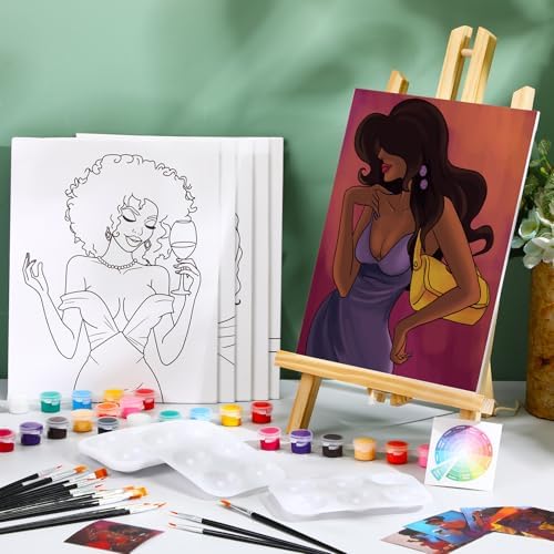 Dinifee 6 Pack Pre Drawn Canvas for Painting Pre Printed Canvas Kit 8 x 10 Inch Stretched Cotton Paint and Sip Set for Adults Couple Party Graduation Summer Date Night(Charming Lady)