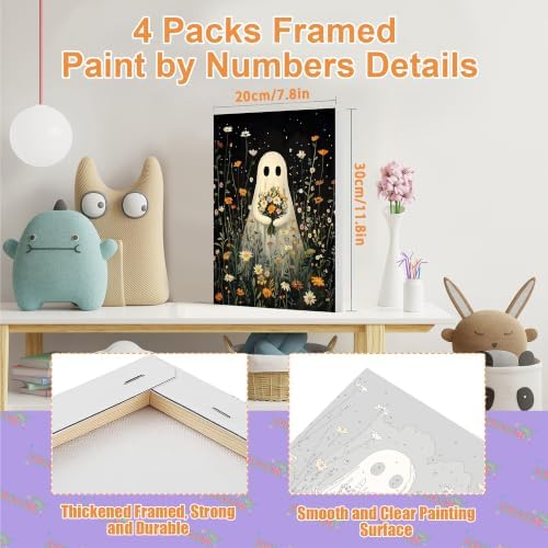 4 Pack Ghost Paint by Numbers for Adults with Framed Canvas - Wooden Easel