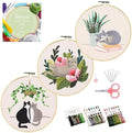 Santune 3 Pack Embroidery Kit for Beginners with Pattern, Cross Stitch Kits for Adults with Instructions,Needlepoint Kits for Adults Include 1 Embroidery Hoops,Color Threads and Needles(Cat)