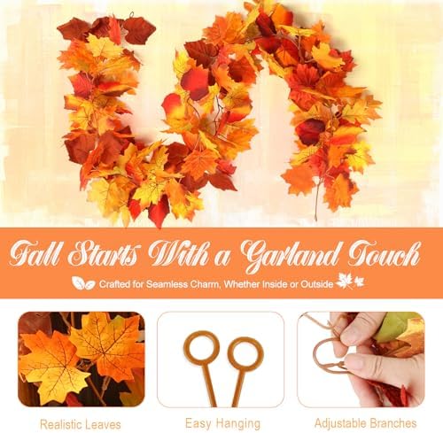 Joyhalo Fall Garland Autumn Leaf Garland Outdoor Fall Porch Decor, 2 Pack