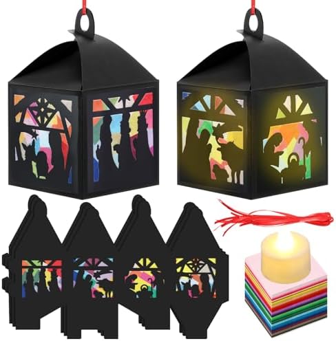 Simgoing 12 Sets Christmas Nativity Lantern Craft Kits with LED Candles