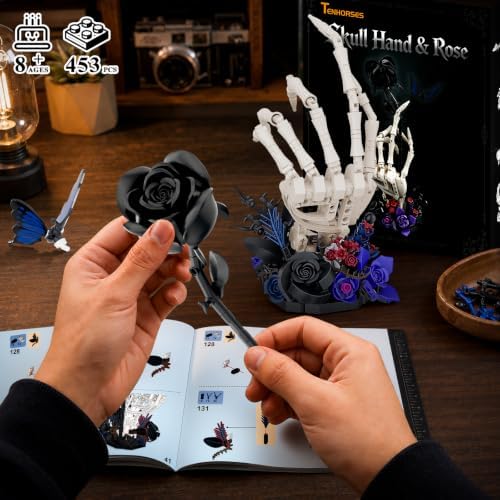 Halloween Skull Hand Rose Building Set, Gothic Skull Hand Display Model