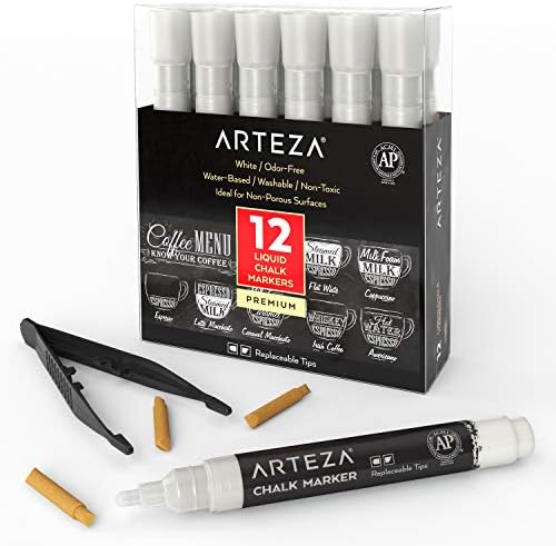 ARTEZA Liquid White Chalk Markers Set of 12, Fine Tip, Washable Water-Based Pens by ARTEZA