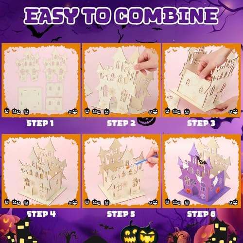 DoubleFill 6 Set Halloween Wooden Castle House Craft Kits with Paints
