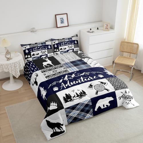 Castle Fairy Bear Print Comforter Set Queen Size,Deer Antler Animals Hunting Adventure Bedding Set for Women Adult,Pine Arrow Blue Check Plaid Vintage Luxury Bed Duvet Insert, 2 Pillowcases