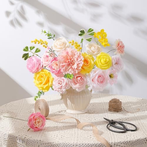 Floweroyal Artificial Flowers Fake Rose Flowers Dahlia with Stems for DIY Wedding Bridal Bouquets, Baby Shower, Floral Arrangement, Table Centerpieces, Home Decorations