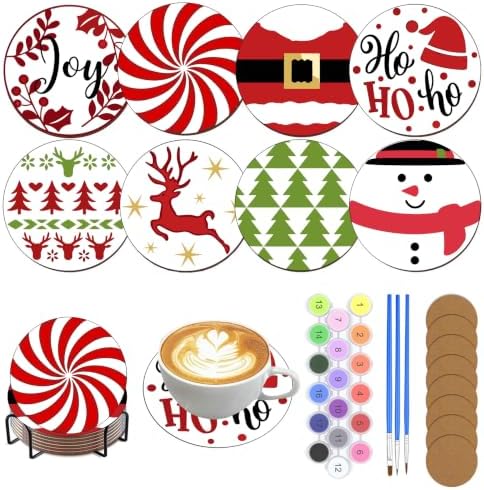 8 Pack Christmas Paint by Numbers Kits Coasters with Holder Cork Pads