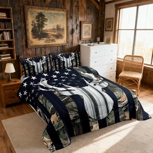 Rustic Deer Comforter Set Twin Size,Wild Animal Hunting Hunter Lodge Decor Quilt Set,Green Camo Print Stars Stripes American Flag Branch Plant Bedding for Camping RV Travel Trailer, 1 Pillowcase
