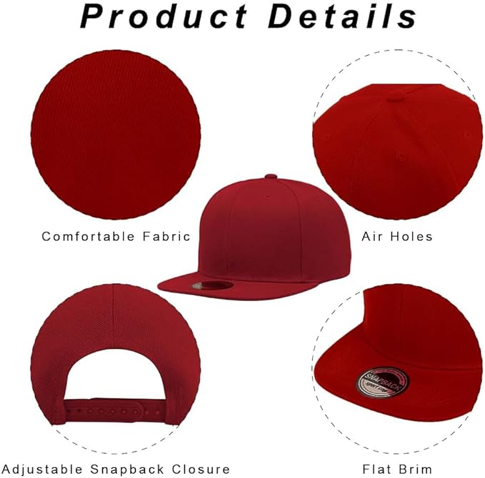 ZH Plain Flat Brim Snapback Baseball Caps Adjustable Blank Baseball Caps Wholesale 12 Pack