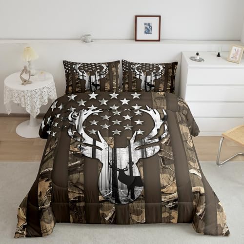 Camo American Flag Full Size Comforter Sets for Kids,Deer Antlers Brown Camouflage Bedding Flags for Room Teens,Wild Animal Hunting Farm Branches Leaves Stars Stripes USA Flag Down Comforter