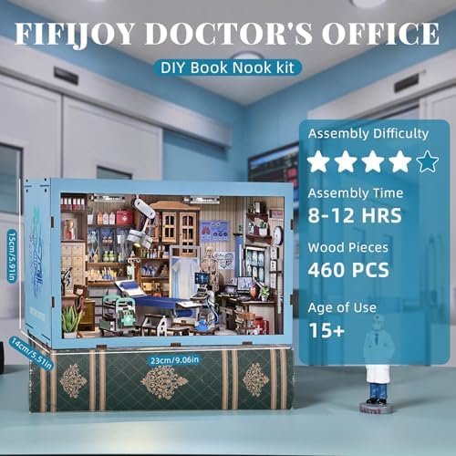 fifijoy Book Nook Kit - DIY Miniature House Doctors Clinic Dollhouse Kit for Adults, Book Nook Tiny House Bookshelf Decor Creative 3D Wooden Puzzle, Gifts for Family, Friends (Doctor's Office)