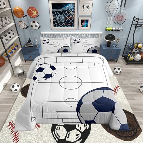 Football Boys Comforter Set Twin Size Kids Soccer Ball Pattern Down Comforter for Teens Game Room Decor Sports Theme Bedding Set with 1 Pillowcase Football Court Duvet Set Polyester Quilt Set
