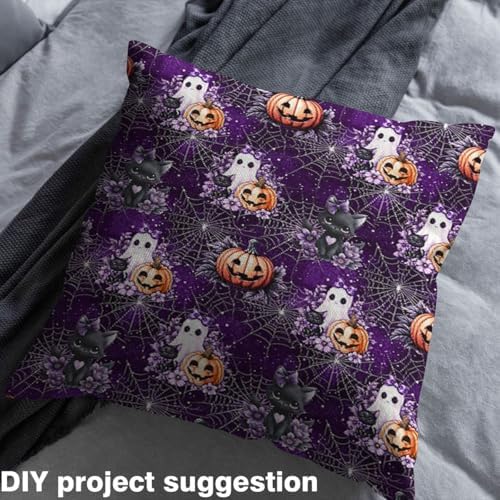Halloween Fabric by The Yard Cartoon Ghost Pumpkin No Stretch Fabric for Sewing Supplies Cute Cat Purple Flowers Spider Web Soft Polyester for Home DIY Projects 2 Yards Whole Piece,72" L x 59" W