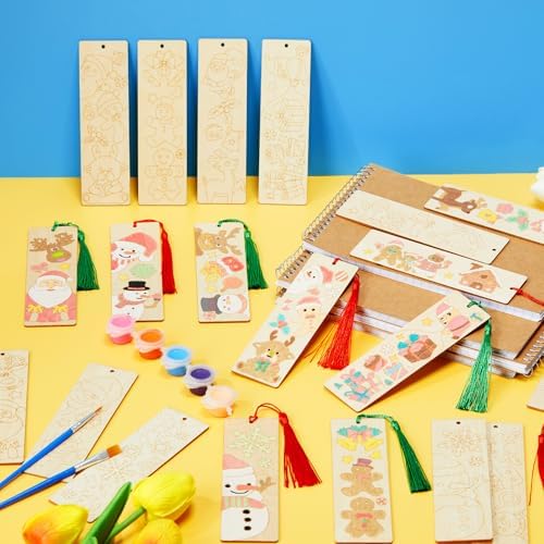 200 Pcs Christmas Wood Bookmarks to Color Bulk, Color Your Own with Tassels