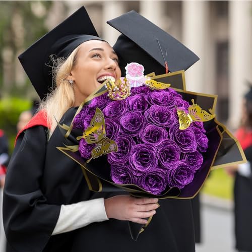 CCYXSHOW Purple Glitter Roses Bouquet, Fake Flowers Bouquet 16 Pcs DIY Glitter Rose Bouquet Kits Birthday Gifts for Women Mom Mother's Day Anniversary Graduation